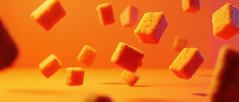 Abstract View of Orange Cubes Floating in Mid Air on Orange Background Studio Shot Conceptual Art - Powered by Adobe