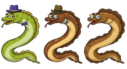 Naklejka premium Funny Cartoon Eels Wearing Hats and Glasses