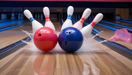 A dynamic bowling scene features two colorful balls hitting the pins in an action shot.