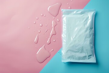 Sealed waterproof transparent plastic bag on bicolor pink and blue background with water droplets, demonstrating waterproofness