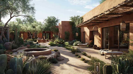 Tranquil desert retreat featuring adobe architecture, lush gardens, and serene lounging areas