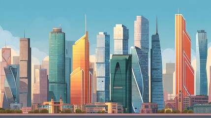 Financial center, cityscape with iconic business buildings and banking institutions