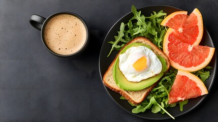 A delicious healthy breakfast featuring whole grain toast topped with avocado and a poached egg, accompanied by fresh arugula and slices of grapefruit, served with coffee.