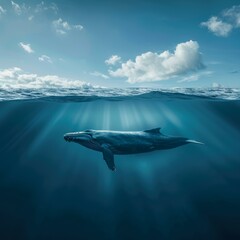 Majestic humpback whale swimming gracefully beneath the surface of a deep blue ocean, with a cloudy sky above