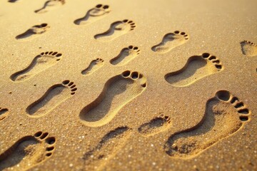 Obraz premium Set of diverse footprints in sand, various sizes and depths Perfect for travel, adventure, nature themes , foot, texture, beach