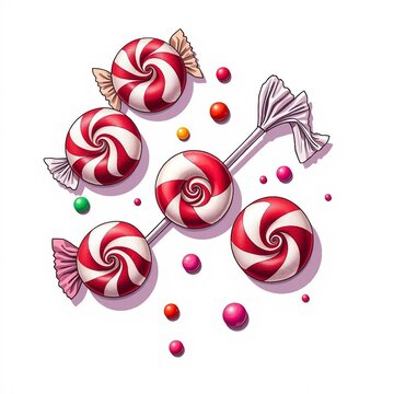 Rote und wei&szlig;e Bonbons im Spiraldesign mit bunten S&uuml;&szlig;igkeiten, comicartig illustriert auf wei&szlig;em Hintergrund &ndash; ideal f&uuml;r Kinderdesigns, Poster oder Verpackungen.