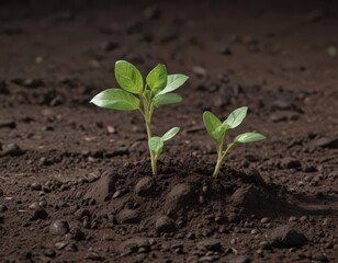Bean seedling emerging from dark earth, showing cotyledons, soil, stem