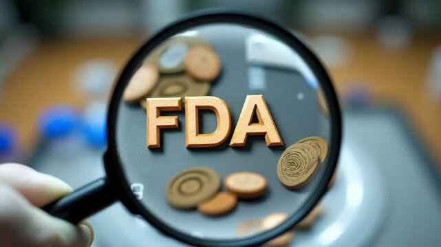 FDA Approved Concept ,Magnifying Glass Focuses on FDA Letters Surrounded by Wooden Tokens for Examination and Regulatory Scrutiny
