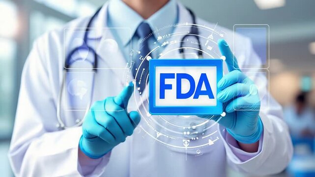 FDA Approved Concept ,Medical Professional Lab Coat Holding Digital Sign, Emphasizing Healthcare Authority and Safety Compliance