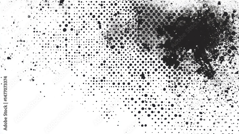 Poster Abstract black ink splatter on white background with halftone dots effect.