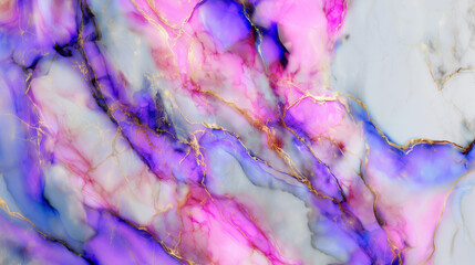 Abstract marble texture with pink, violet, blue, and gold veins