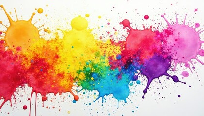 Vibrant rainbow colored paint splatters on white background , colors, abstract art