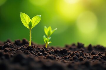 Fototapeta premium Seedling sprouts in rich soil, sunlight dappled leaves , planting, growth