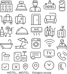 Create a Set of 24 outline icons related to hotel, motel, hostel. Linear icon collection. Editable stroke. Vector illustration with white background.