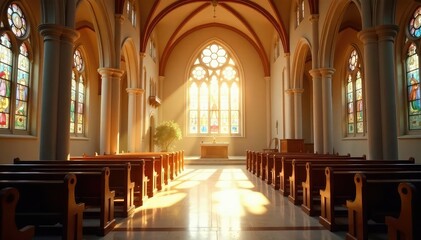 A peaceful church interior, bathed in sunlight , church interior, christian