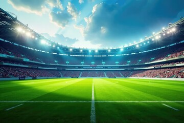 A packed rugby stadium, vibrant with energy, ready for kickoff The field is clearly visible , excitement, championship, competition