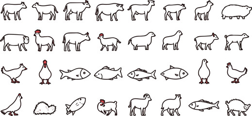 Create a Set of 30 outline icons related to meat. Linear icon collection. Editable stroke. Vector illustration with white background.