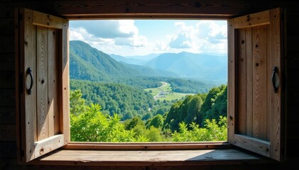 Obraz premium A scenic overlook framed by a rustic window Enjoy the breathtaking view , bright, trees