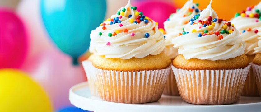Celebration cupcakes with white frosting and colorful sprinkles on a white plate with balloons in background