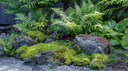 Lush moss carpet with ferns and rocks in a vibrant miniature natural landscape.