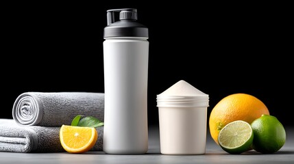 A minimalist setup featuring a protein shaker, a container of powder, fresh oranges, limes, and towels. Ideal for fitness and nutrition themes in lifestyle photography.