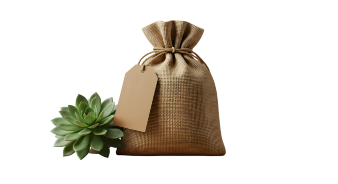 Fabric sack with tag and succulent on black background