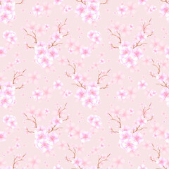 Fototapeta premium Hand drawn watercolor cherry blossom bouquet seamless pattern isolated on dark pink background. Can be used for textile, fabric, scrapbook and other printed products.