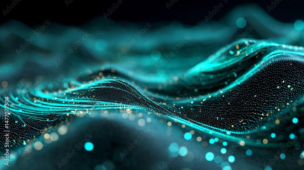 Poster abstract teal and gold particle wave, flowing smoothly creating a dynamic and elegant visual, perfec