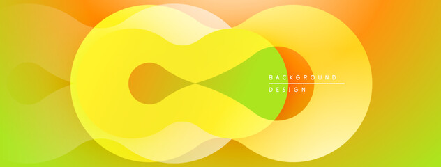 Abstract shapes overlap, creating vibrant gradients. Yellows, oranges, greens blend smoothly. Modern design element for backgrounds.