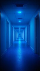 A long blue-lit corridor with doors on either side, creating an eerie and atmospheric vibe, perfect for themes of mystery and suspense.