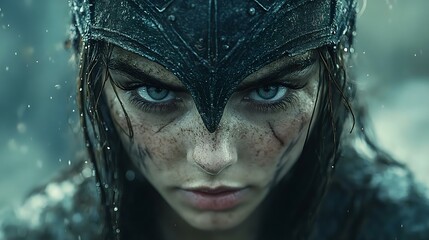 A fierce female warrior character with dramatic makeup and an imposing helmet, set against a rainy, moody background, exuding strength and determination.