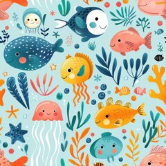 Fototapeta premium seamless pattern of cute cartoon fish, jellyfish, starfish, and sea plants, bright pastel colors, underwater world theme