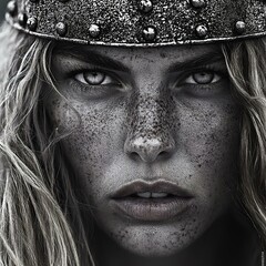 A striking black and white portrait of a fierce woman with freckles wearing a studded crown, exuding confidence and strength.
