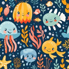 seamless pattern of cute cartoon fish, jellyfish, starfish, and sea plants, bright pastel colors, underwater world theme