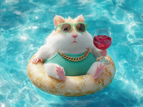 A whimsical cartoon image showcases an animated guinea pig in a blue swimming pool, wearing sunglasses and a gold chain with pendant The scene is vibrant and lively - AI-Generated
