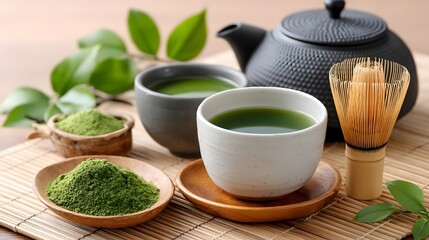 A serene tea setup featuring a traditional teapot, matcha green tea powder, and whisk in a cozy environment. Perfect for conveying relaxation, wellness, and cultural appreciation.
