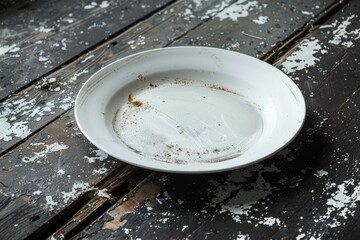 White dirty plate on dark wooden table with paint splatters, evoking a rustic or post apocalyptic atmosphere