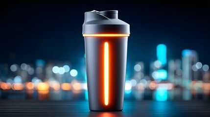 A sleek, modern shaker bottle illuminated against a blurred city skyline. Perfect for fitness enthusiasts and those who value stylish, functional drinkware for their workouts.