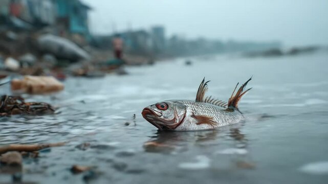 A lifeless fish washed ashore amidst the misty sea