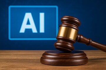 gavel on a wooden desk with "AI" displayed on a blue background, symbolizing artificial intelligence in legal proceedings