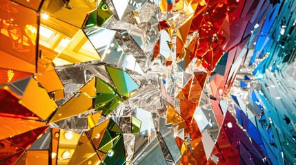 A vibrant display of geometric mirror shards creating a kaleidoscope of color and reflections