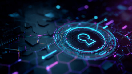 Neon keyhole in glowing circular interface on dark hexagonal background, symbolizing digital security and data protection