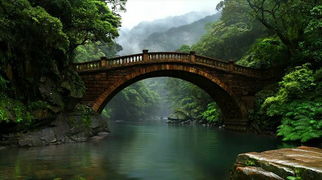 Stone Arch Bridge Over Serene River in Lush Green Forest