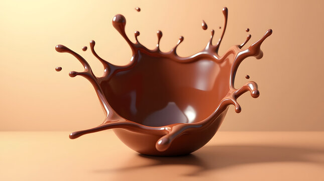 A high-speed capture of rich, chocolate liquid splashing in a bowl, creating an artistic splash against a soft, warm background.