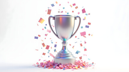 A shiny silver trophy surrounded by colorful confetti, symbolizing victory and achievement.