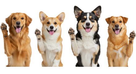 Group of Friendly Dogs Waving on White Background