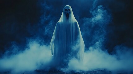 A haunting ghost figure emerges from eerie fog, shrouded in a flowing white veil, creating a chilling atmosphere in a dark setting.