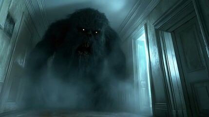 A terrifying monster emerges from a misty corridor, showcasing a haunting and eerie atmosphere within a dimly lit room.