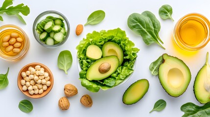 A vibrant arrangement of fresh ingredients highlighting avocados, leafy greens, nuts, and healthy oils, perfect for promoting nutritious and plant-based meal options.