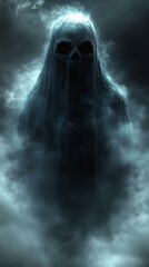 A haunting figure shrouded in mist, featuring a skull and ghostly appearance, evokes themes of fear and the supernatural.